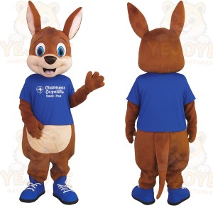 Brown Kangaroo With Blue Shirt Mascot Costume