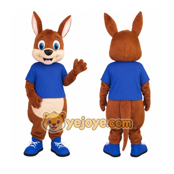 Brown Kangaroo With Blue Shirt Mascot Costume