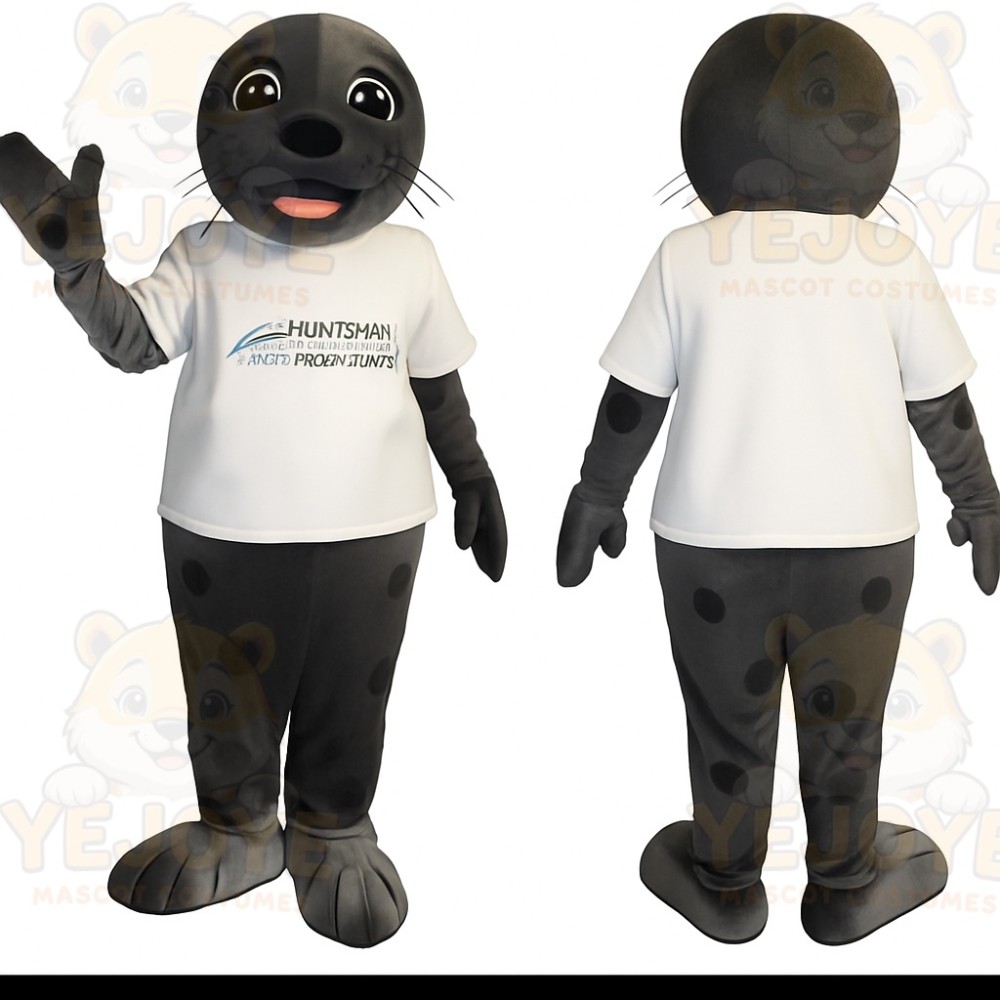 Gray Black Seal In White Shirt Mascot Costume