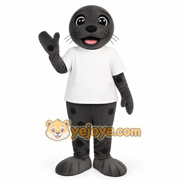 Gray Black Seal In White Shirt Mascot Costume