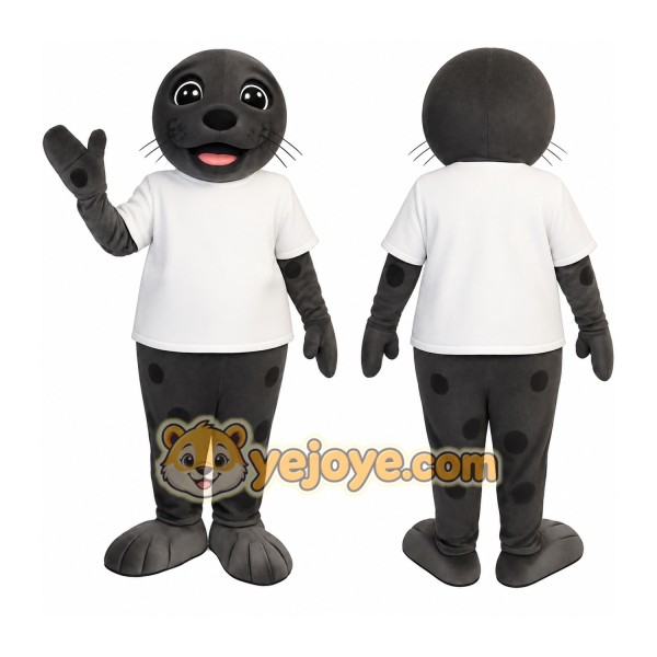 Gray Black Seal In White Shirt Mascot Costume
