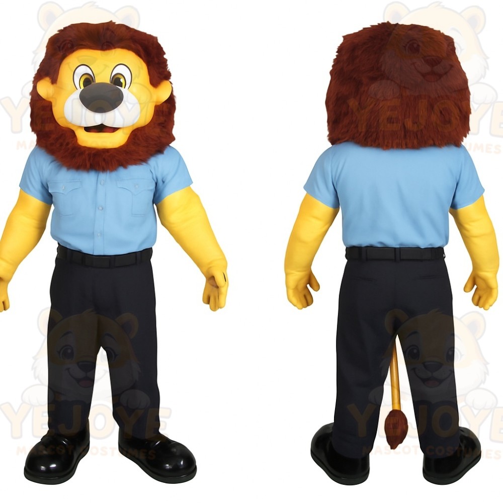 Yellow Brown Lion With Blue Shirt Mascot Costume