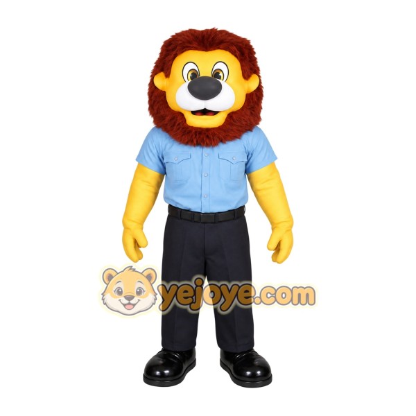 Yellow Brown Lion With Blue Shirt Mascot Costume