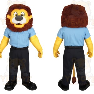 Yellow Brown Lion With Blue Shirt Mascot Costume
