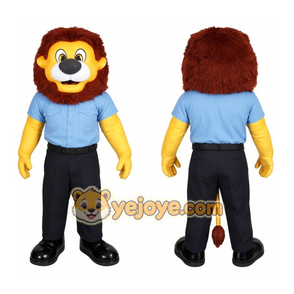 Yellow Brown Lion With Blue Shirt Mascot Costume