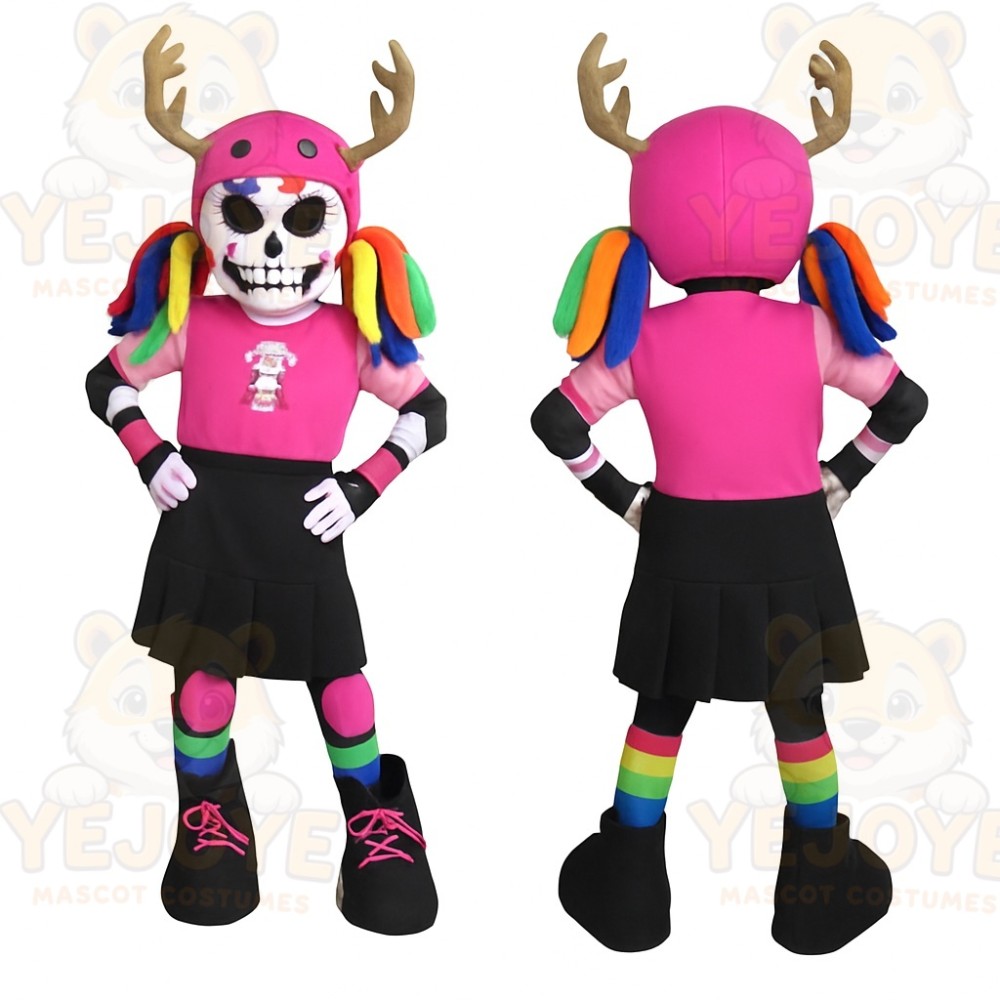 Pink Black Antler Skull Girl Mascot Costume