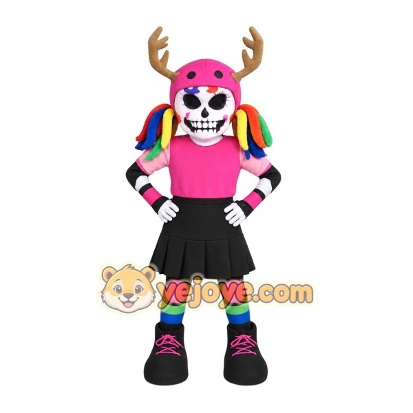 Pink Black Antler Skull Girl Mascot Costume