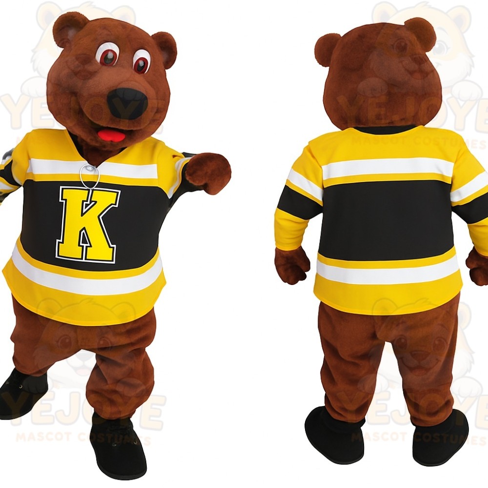 Brown Yellow Black Hockey Bear Mascot Costume