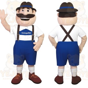 Blue White Mustached Bavarian Man Mascot Costume
