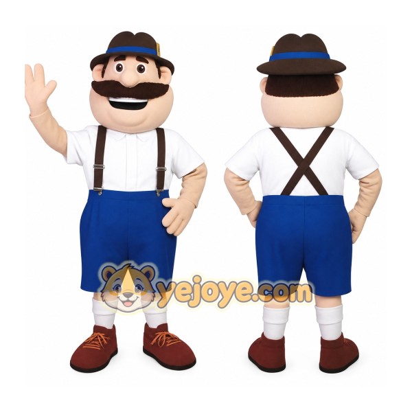 Blue White Mustached Bavarian Man Mascot Costume