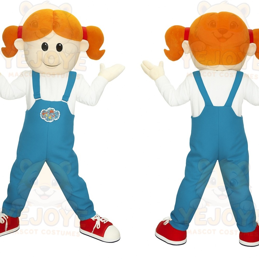 Orange Hair Blue Overalls Girl Mascot Costume