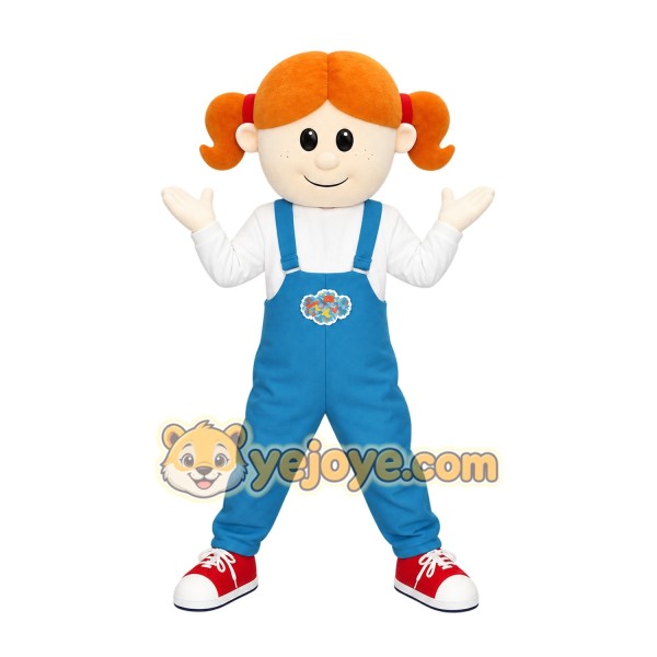 Orange Hair Blue Overalls Girl Mascot Costume
