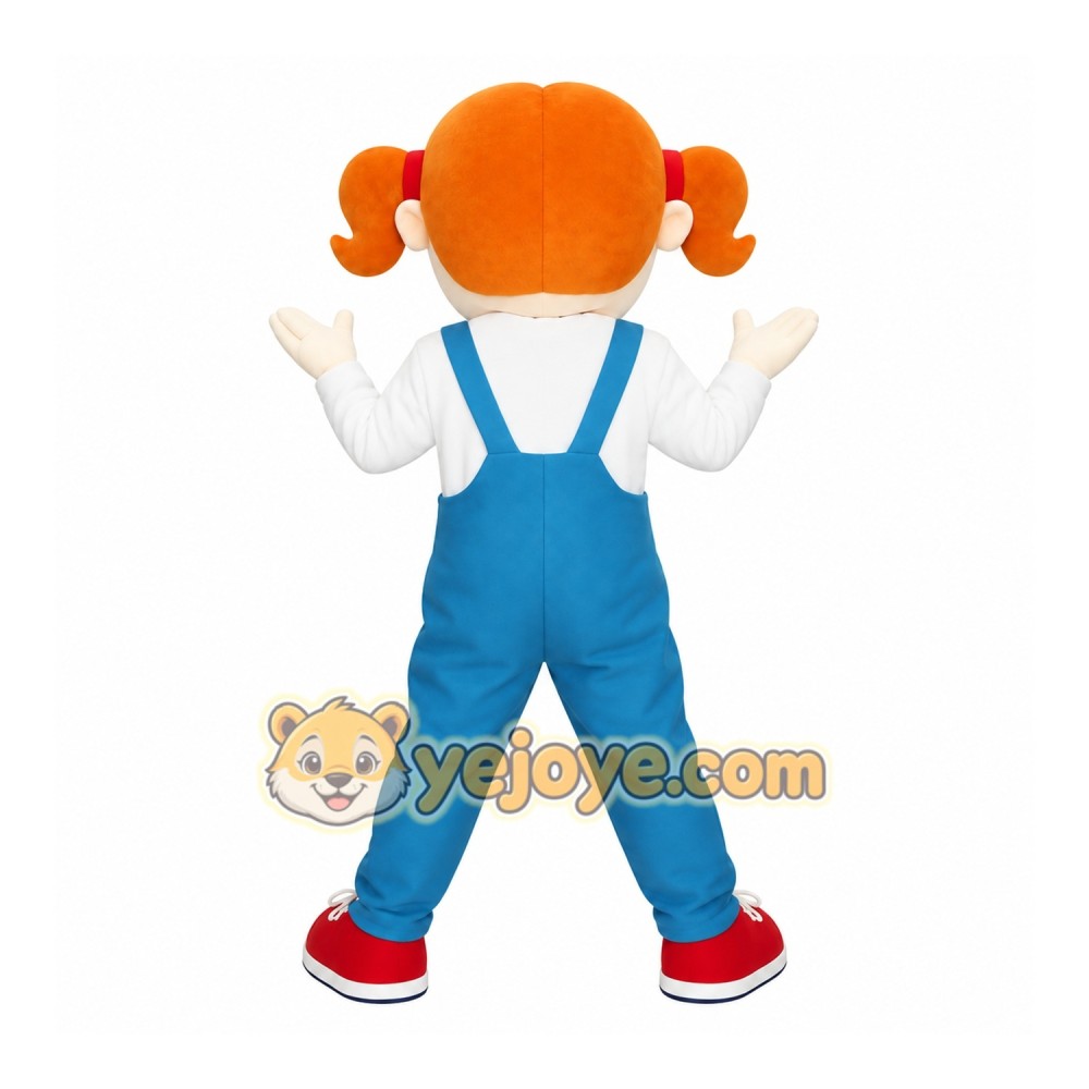 Orange Hair Blue Overalls Girl Mascot Costume
