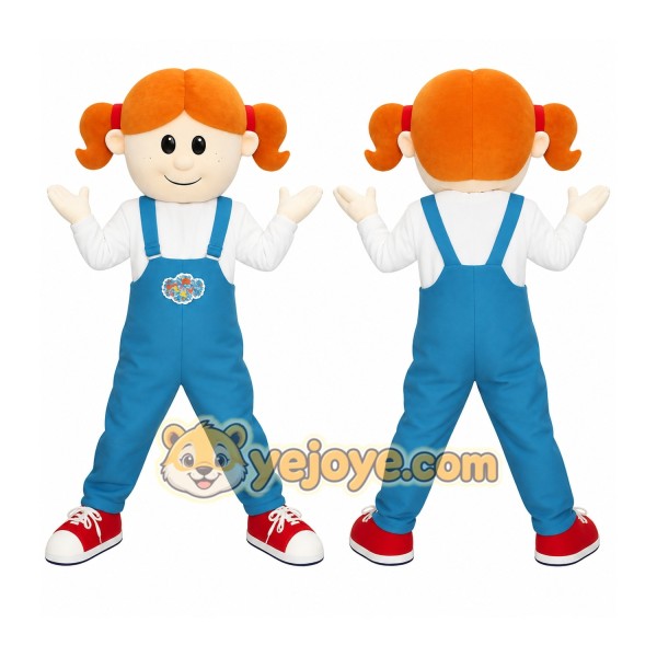 Orange Hair Blue Overalls Girl Mascot Costume