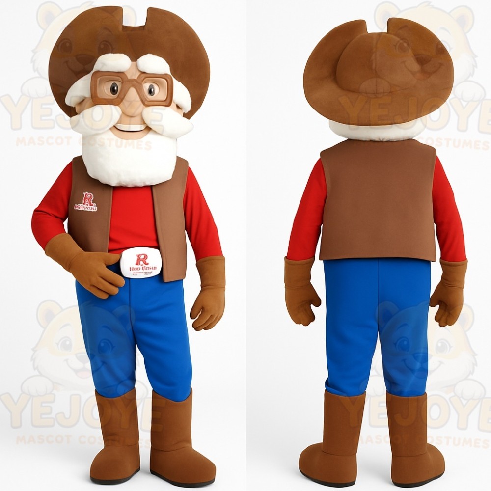 Brown Red Blue Old Man Cowboy Mascot Costume