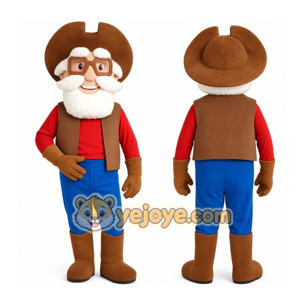 Brown Red Blue Old Man Cowboy Mascot Costume