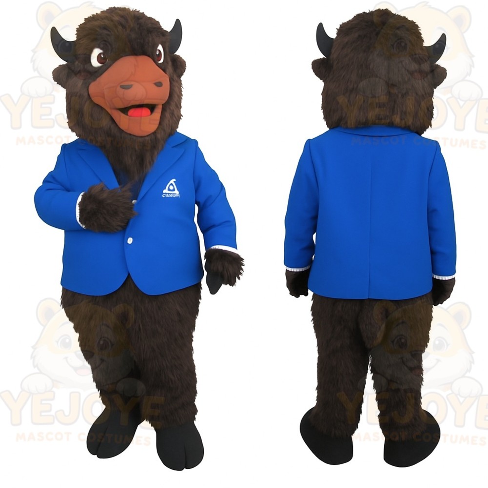 Dark Brown Bison In Blue Jacket Mascot Costume