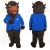 Dark Brown Bison In Blue Jacket Mascot Costume