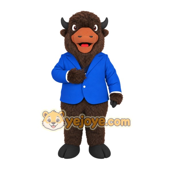 Dark Brown Bison In Blue Jacket Mascot Costume Dark Brown Bison In Blue Jacket Mascot Costume