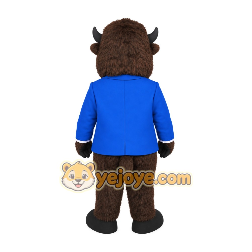 Dark Brown Bison In Blue Jacket Mascot Costume Dark Brown Bison In Blue Jacket Mascot Costume