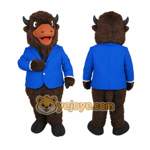 Dark Brown Bison In Blue Jacket Mascot Costume