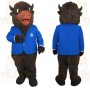 Dark Brown Bison In Blue Jacket Mascot Costume