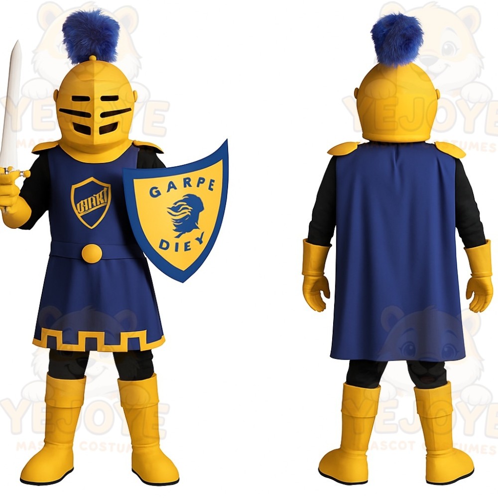 Blue Yellow Medieval Knight Mascot Costume