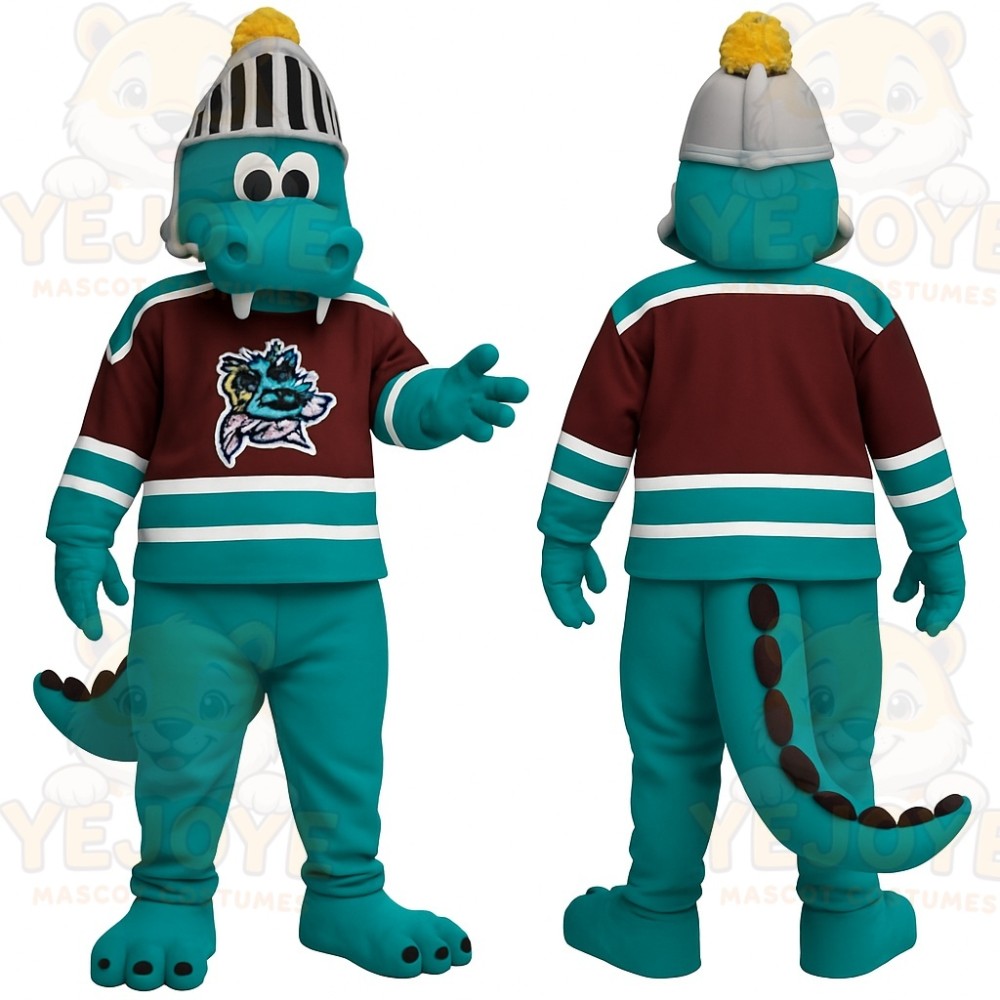 Teal Maroon Hockey Dragon Mascot Costume