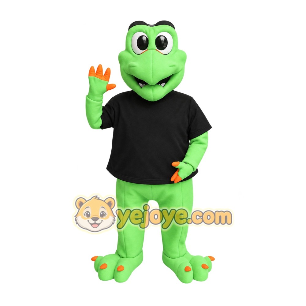 Green Frog in Black Shirt Mascot Costume