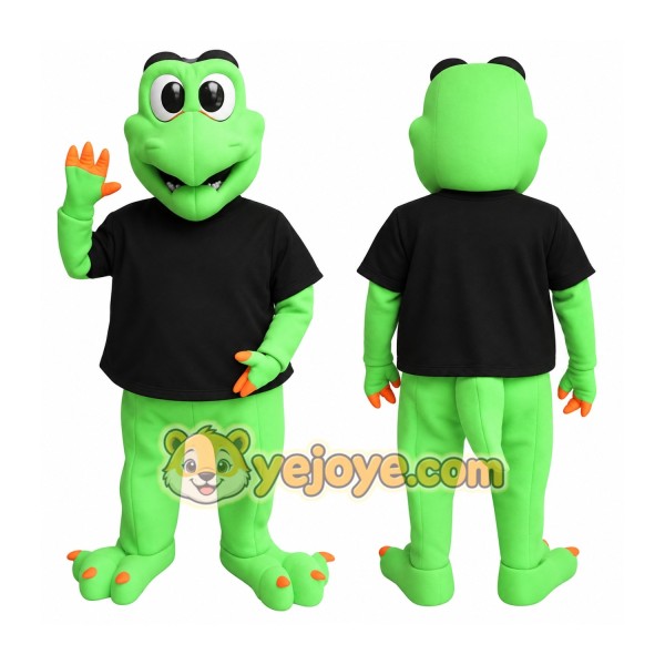 Green Frog in Black Shirt Mascot Costume