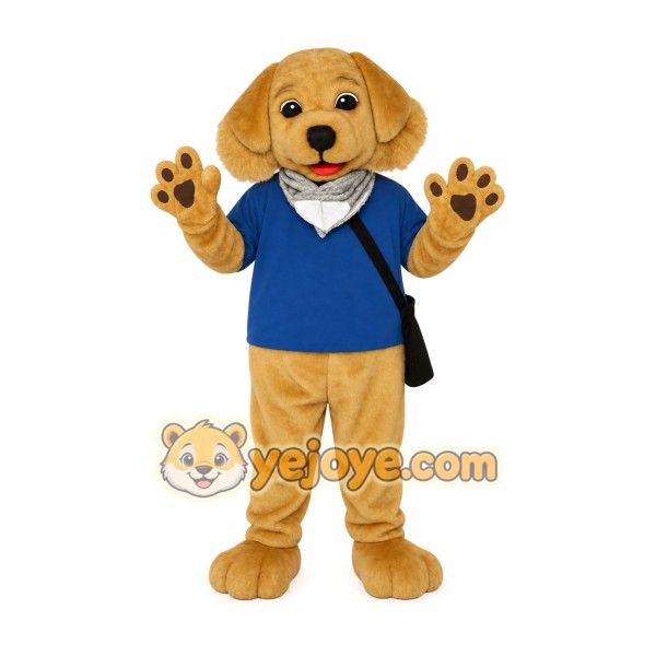Golden Brown Dog With Blue Shirt Mascot Costume