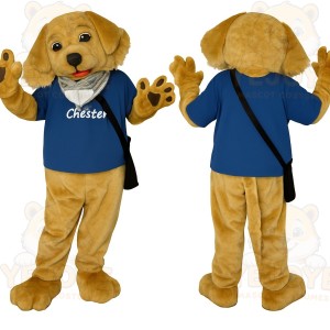 Golden Brown Dog With Blue Shirt Mascot Costume