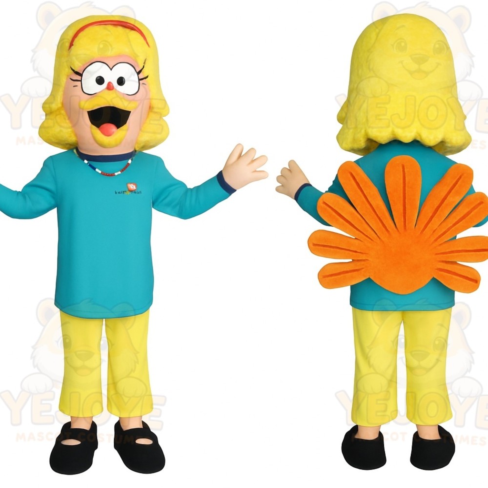 Teal Yellow Orange Blonde Woman Mascot Costume