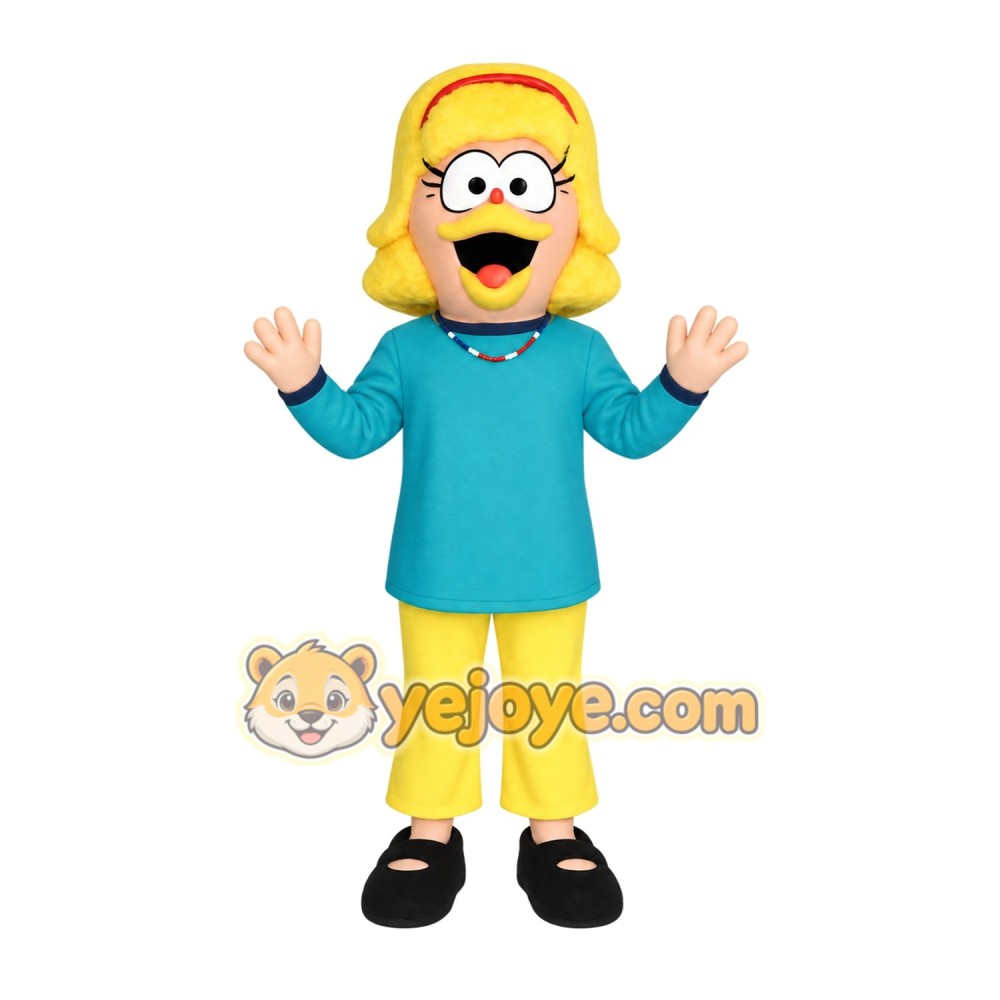 Teal Yellow Orange Blonde Woman Mascot Costume Teal Yellow Orange Blonde Woman Mascot Costume