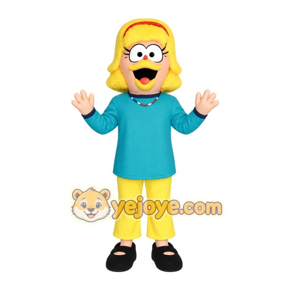 Teal Yellow Orange Blonde Woman Mascot Costume