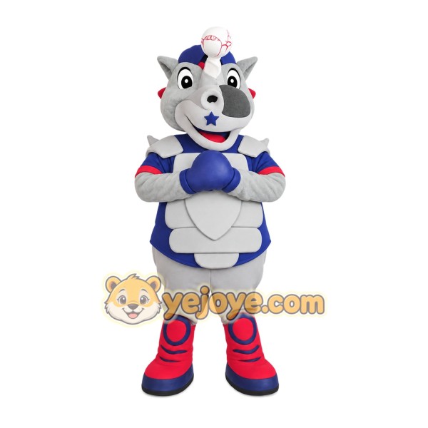 Gray Blue Red Baseball Rhino Mascot Costume Gray Blue Red Baseball Rhino Mascot Costume