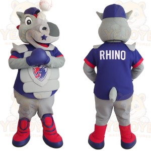 Gray Blue Red Baseball Rhino Mascot Costume