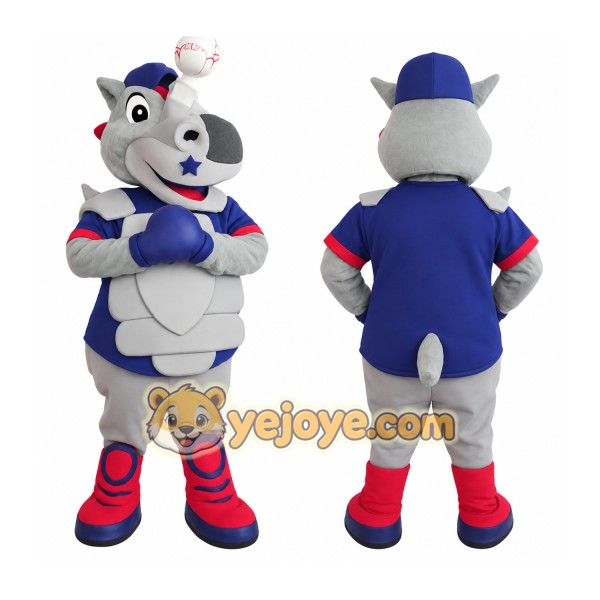 Gray Blue Red Baseball Rhino Mascot Costume