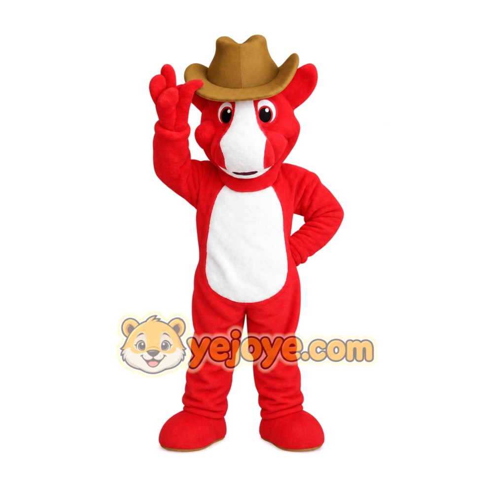 Red White Horse In Brown Cowboy Hat Mascot Costume Red White Horse In Brown Cowboy Hat Mascot Costume