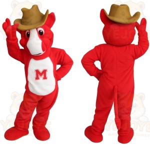 Red White Horse In Brown Cowboy Hat Mascot Costume