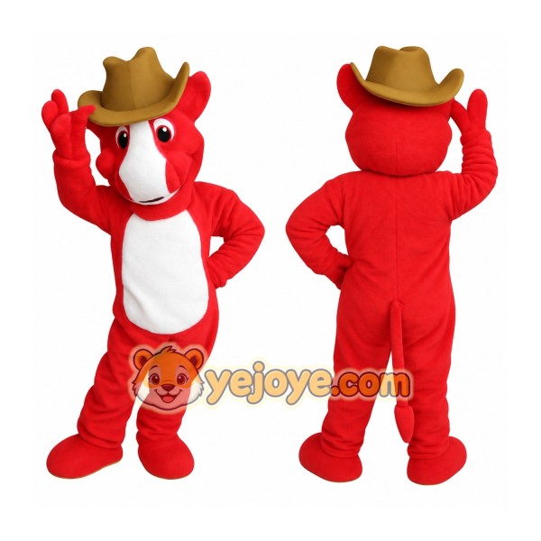 Red White Horse In Brown Cowboy Hat Mascot Costume