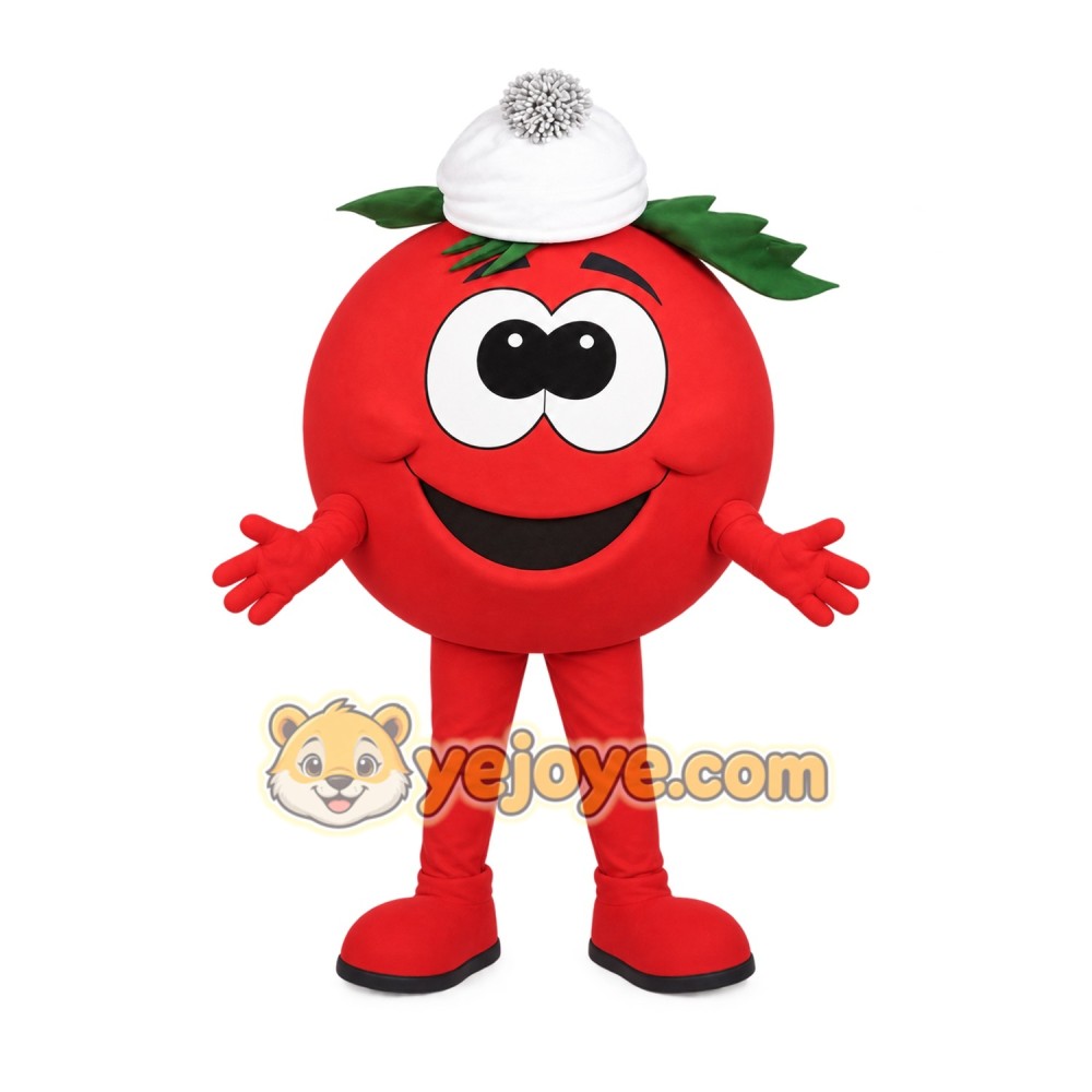 Red Green Tomato With White Hat Mascot Costume Red Green Tomato With White Hat Mascot Costume