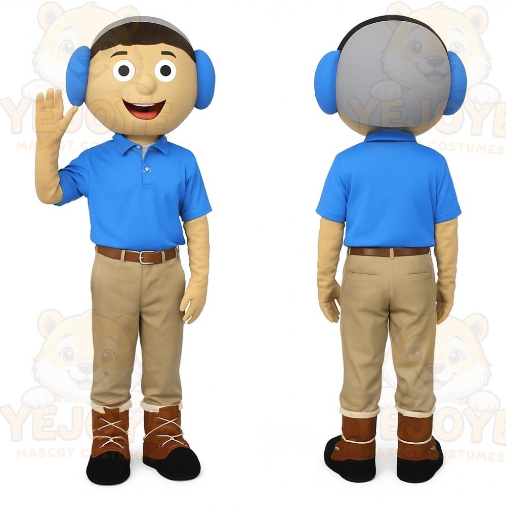 Blue Khaki Headphone Man Mascot Costume