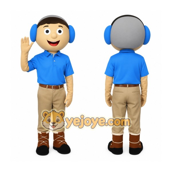 Blue Khaki Headphone Man Mascot Costume