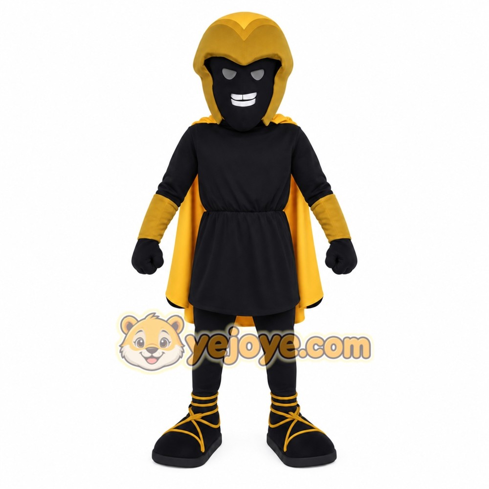 Black Gold Hooded Superhero Mascot Costume Black Gold Hooded Superhero Mascot Costume