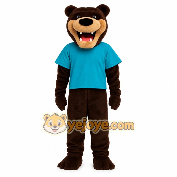 Dark Brown Tan Bear Teal Shirt Mascot Costume