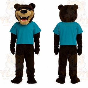 Dark Brown Tan Bear Teal Shirt Mascot Costume