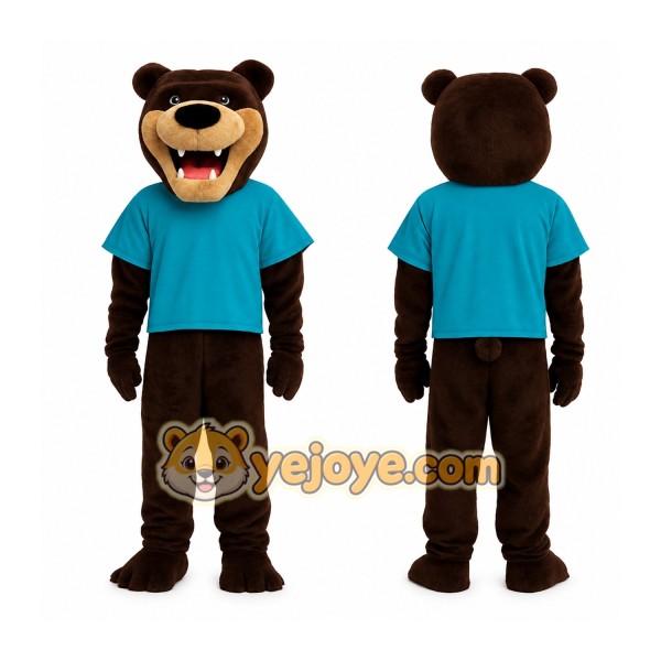 Dark Brown Tan Bear Teal Shirt Mascot Costume
