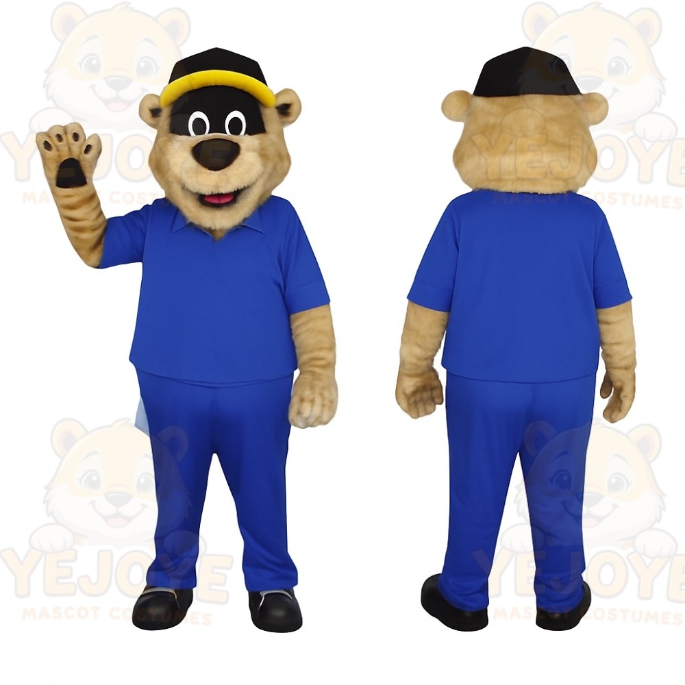 Tan Blue Bear Black Yellow Cap Mascot Costume