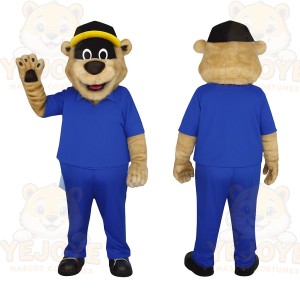 Tan Blue Bear Black Yellow Cap Mascot Costume
